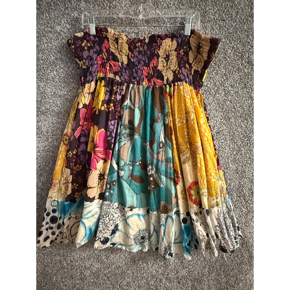 Vintage Free People Strapless Mini Dress Size 10 Patchwork Floral Smocked Y2K